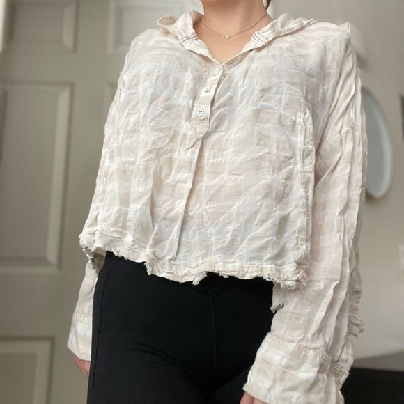 Free People Striped Hooded Flowy Button Down Shirt Sz Medium Raw Hem Neutral - Picture 5 of 5